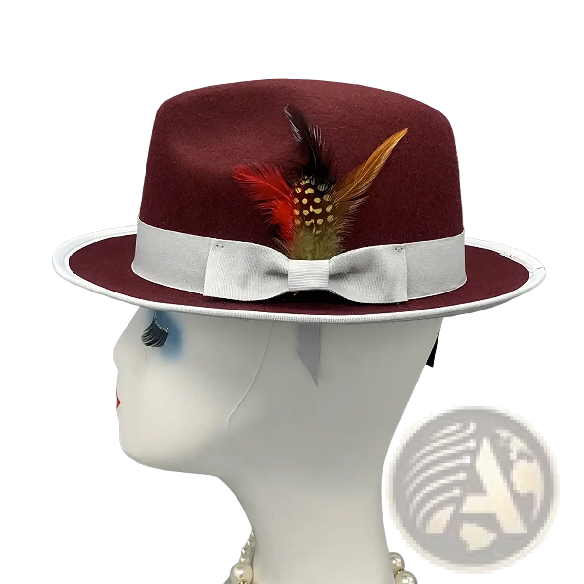 Maroon unisex woolen felt fedora hat with white ribbon bow and decorative feather accent displayed from front angle