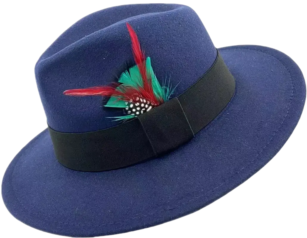 Navy blue unisex woolen felt fedora hat with black ribbon band and decorative red green white feather accent