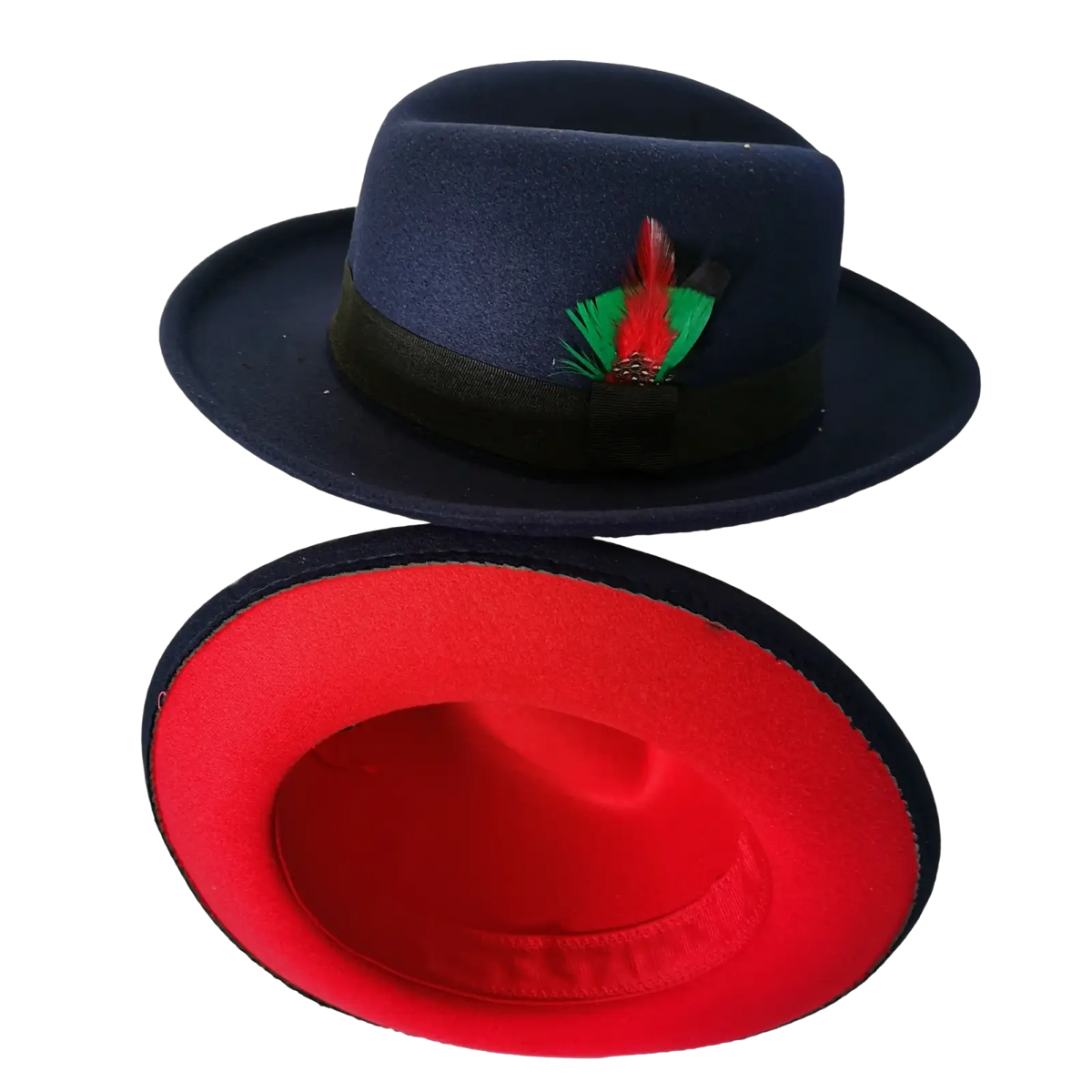 Unisex navy blue woolen felt fedora hat with black ribbon band red feather accent and bold red interior lining