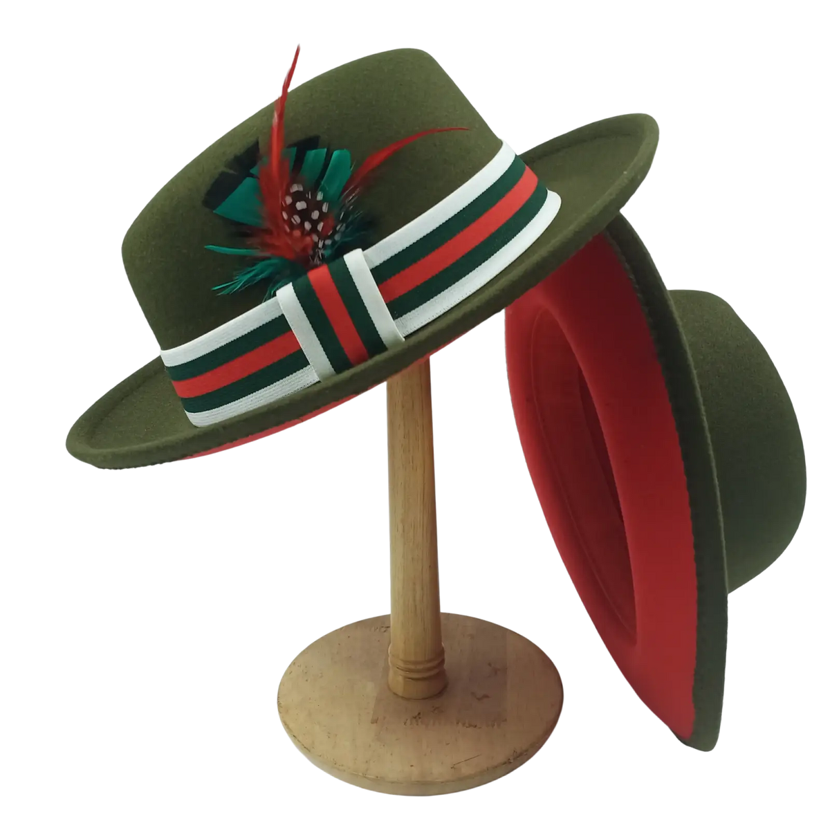 Unisex olive green woolen felt fedora hat with red and white striped band and colorful feather accent