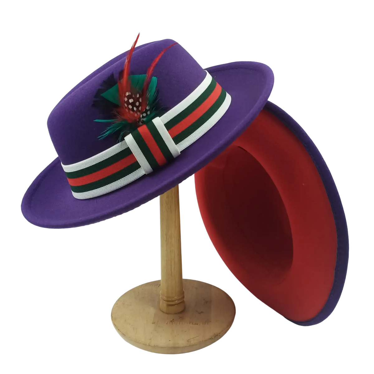 Unisex woolen felt fedora hat in purple with striped ribbon band and decorative feather accent