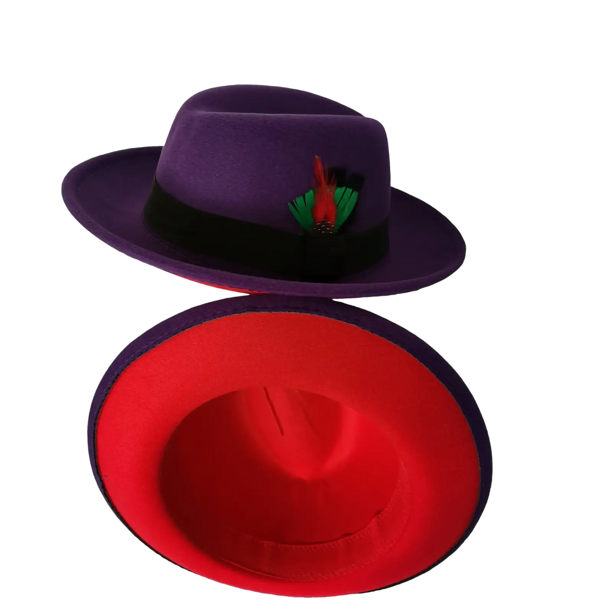 Unisex woolen felt fedora hat in purple with black band red and green feather accent and vibrant red interior lining