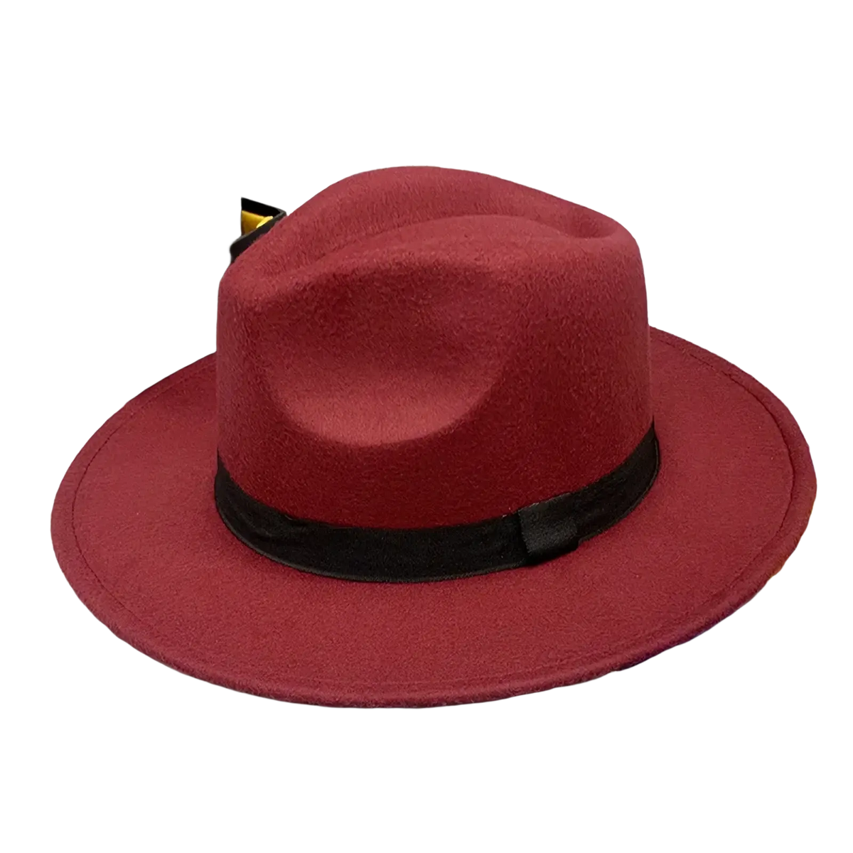 Unisex woolen felt fedora hat in rich burgundy with a black ribbon band and feather accent