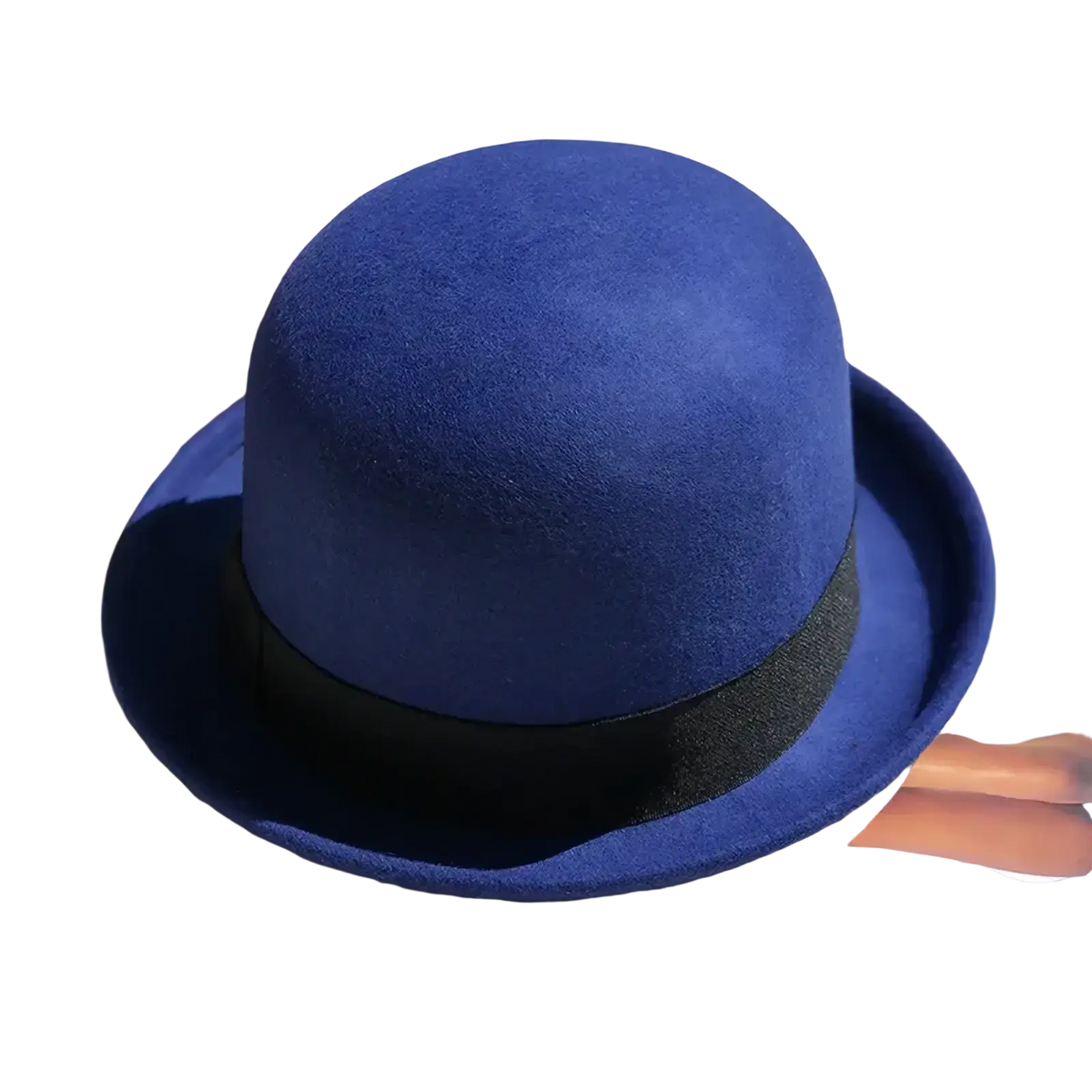 A rich royal blue unisex woolen felt fedora hat with sleek black ribbon band and feather accent