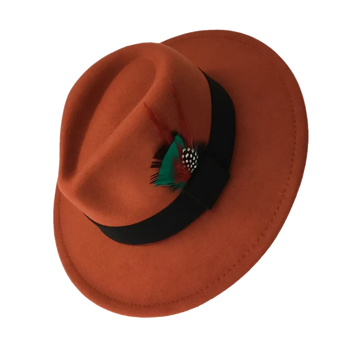 Unisex rust-colored woolen felt fedora hat with black band and decorative feather accent