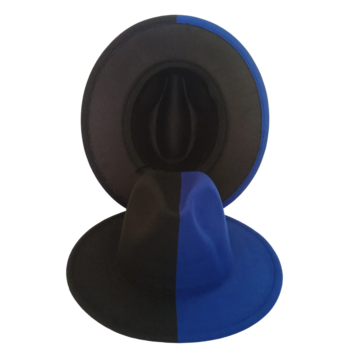 A unisex woolen felt fedora hat with bold black and blue two-tone design and smooth fabric featuring a feather accent