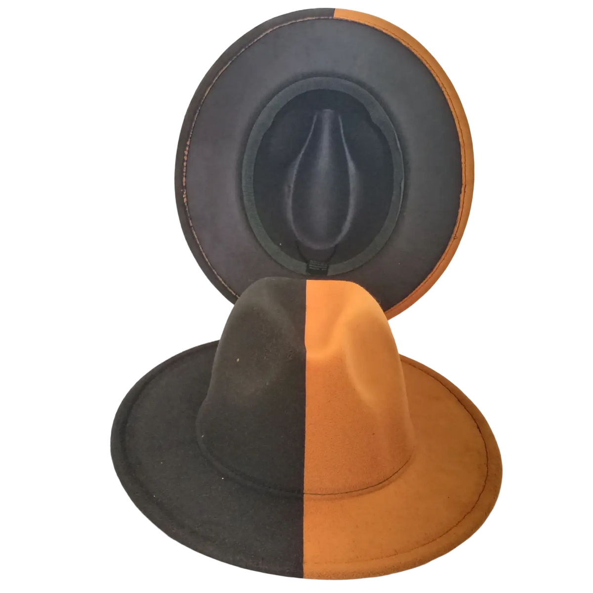 A stylish unisex woolen felt fedora hat with a black and orange two-tone wide brim and feather accent