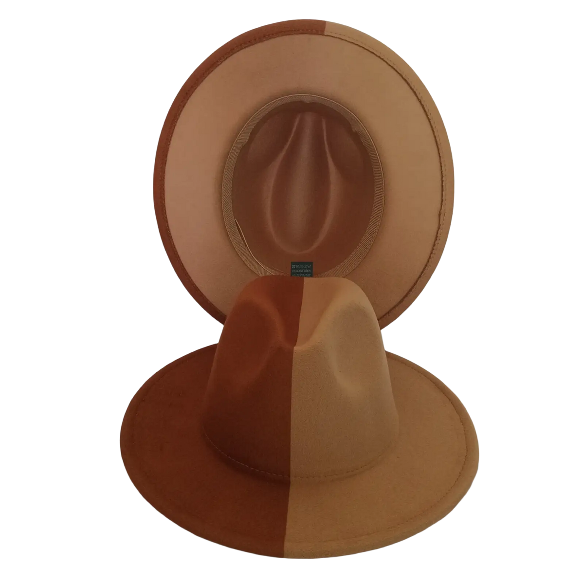 A unisex woolen felt fedora hat in earthy brown and tan tones with a soft matte finish and feather accent
