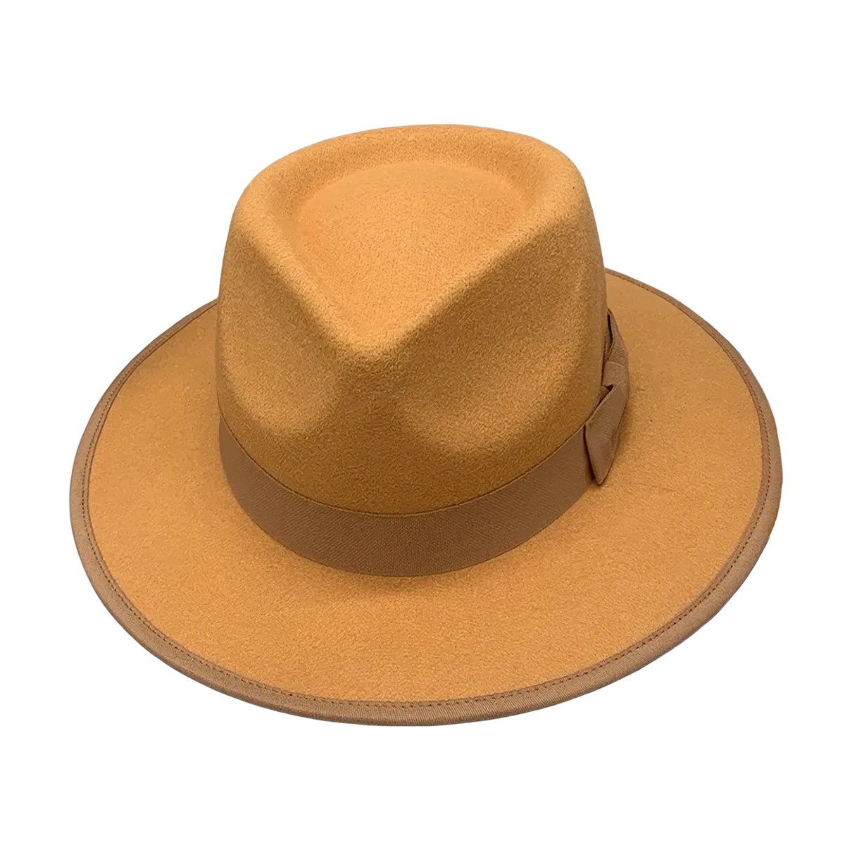 Unisex tan woolen felt fedora hat with matching brown band and small bow featuring feather accent