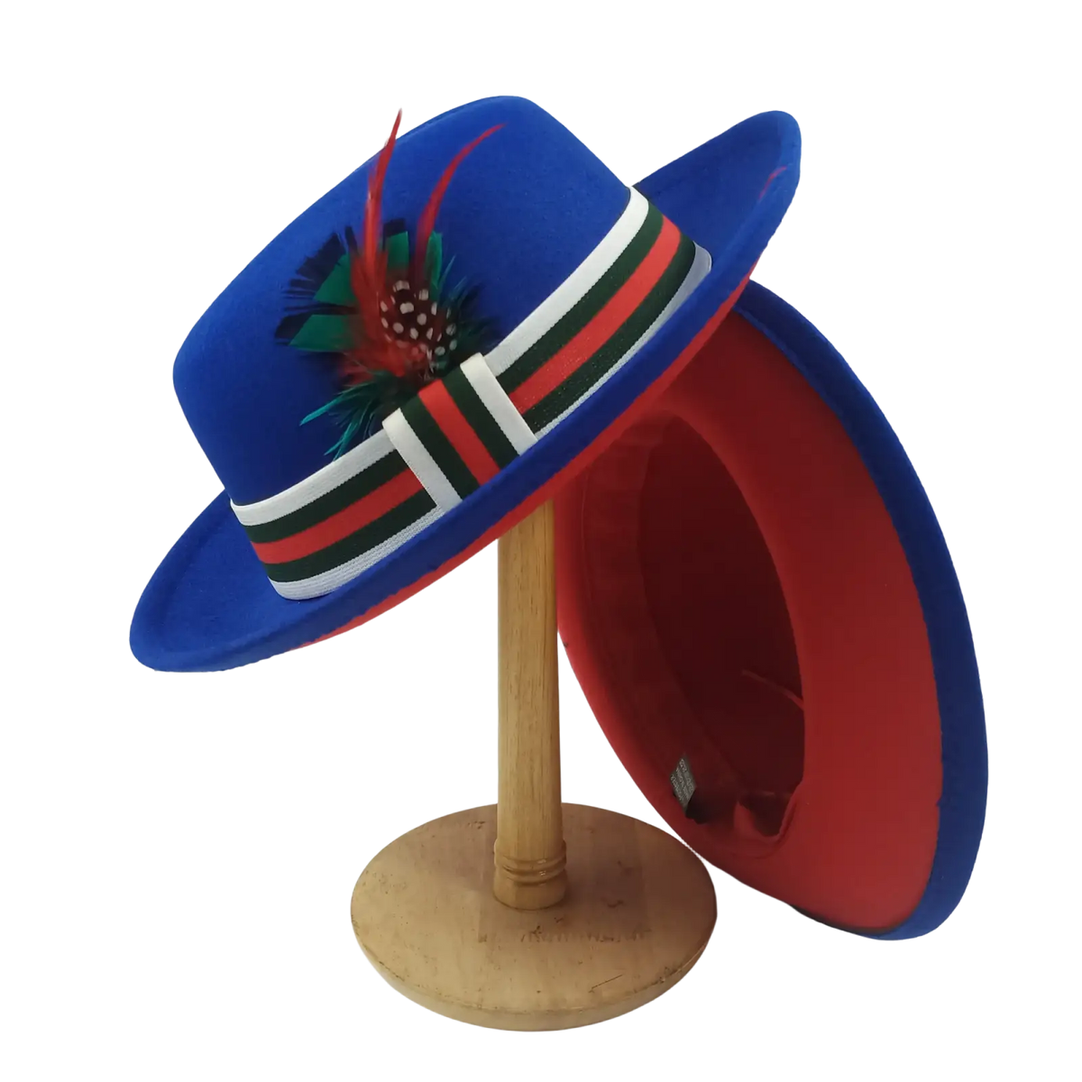 Unisex woolen felt fedora hat in vibrant blue with striped ribbon band and decorative feather accent