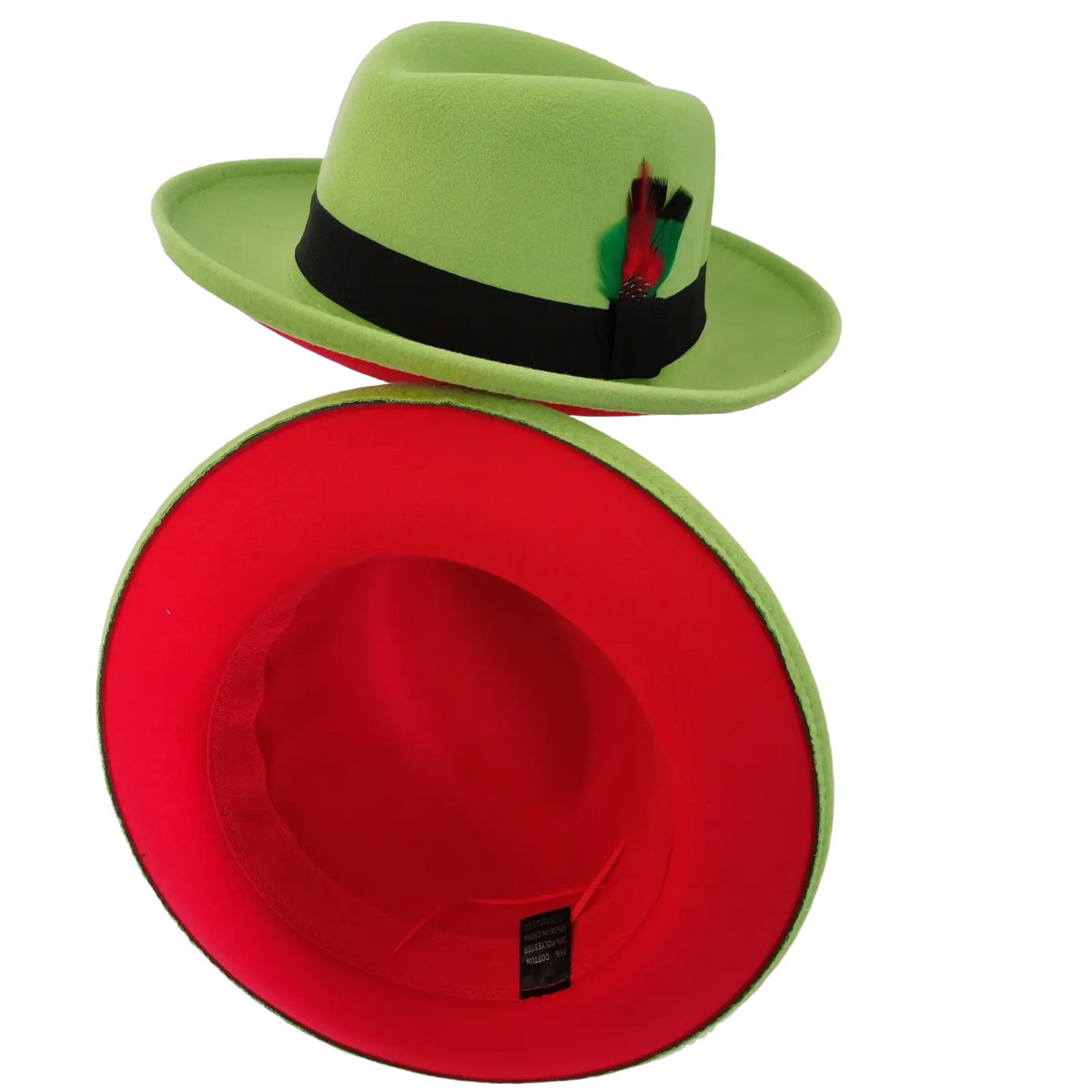 A vibrant lime green unisex woolen felt fedora hat with black band feather accent and red interior