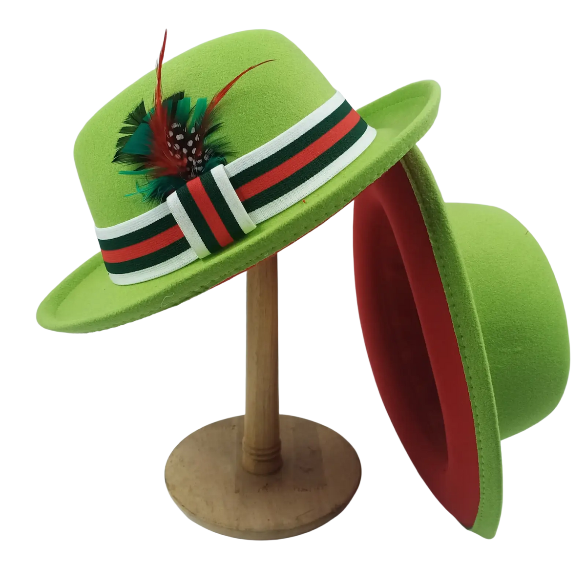 Unisex woolen felt fedora hat in vibrant lime green with a striped ribbon and colorful feather accent