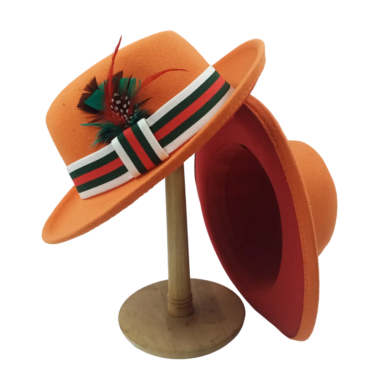 Unisex vibrant orange woolen felt fedora hat with striped ribbon and colorful feather accent