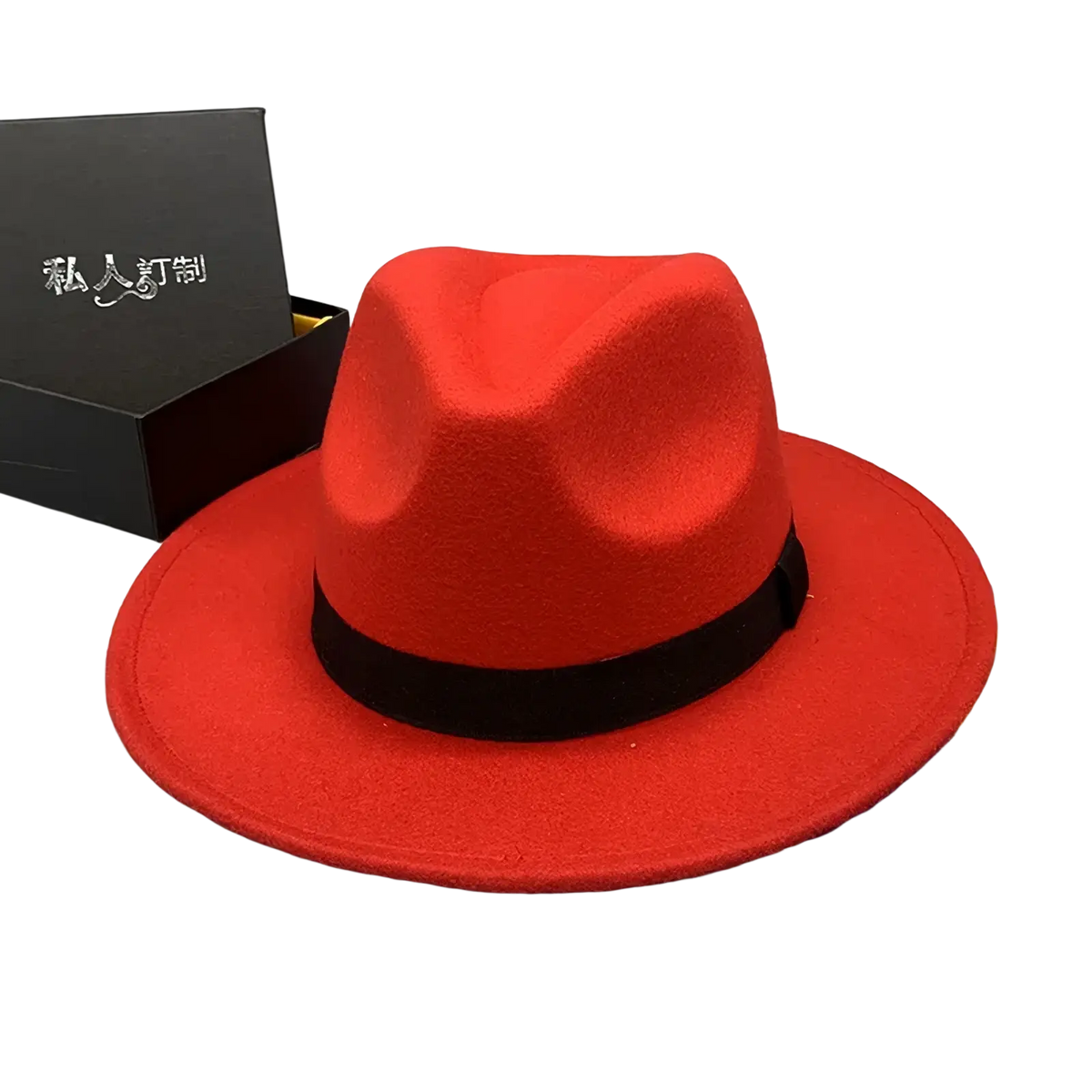 Unisex woolen felt fedora hat in vibrant red with black band and feather accent for stylish wear