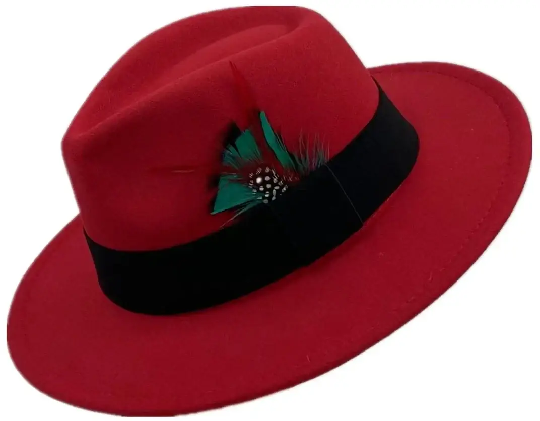 Unisex woolen felt fedora hat in vibrant red with black ribbon band and ornamental green feather accent