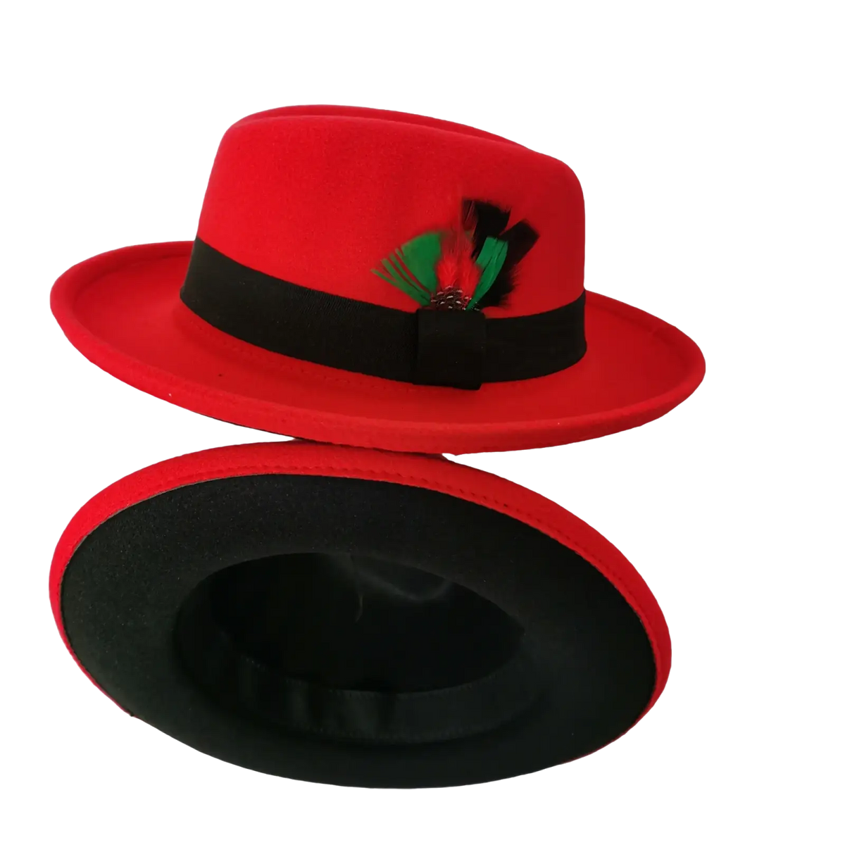 Unisex vibrant red woolen felt fedora hat with black band and green and black feather accent