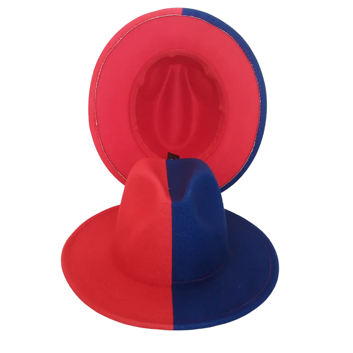 A unisex woolen felt fedora hat with a vibrant red and blue split design and a soft felt material with feather accent