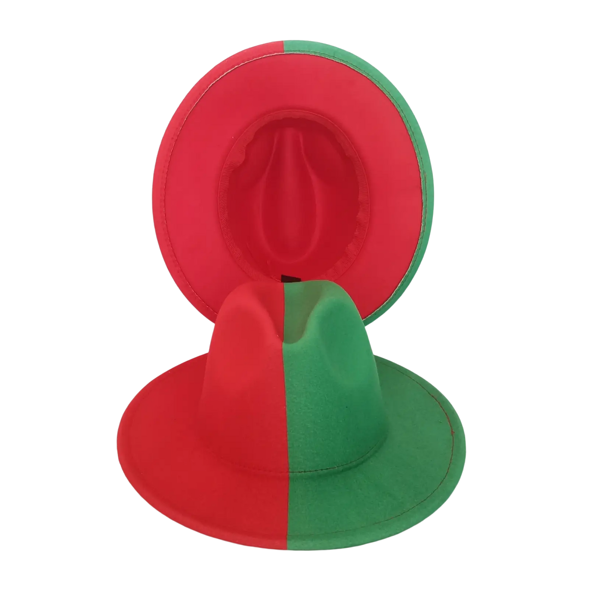 A vibrant red and green two-tone unisex woolen felt fedora hat with feather accent and soft texture