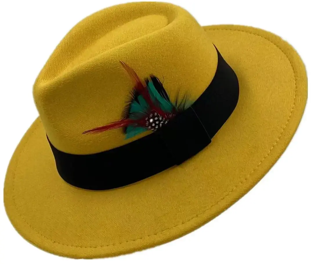 Unisex yellow woolen felt fedora hat with black ribbon band and colorful feather accent