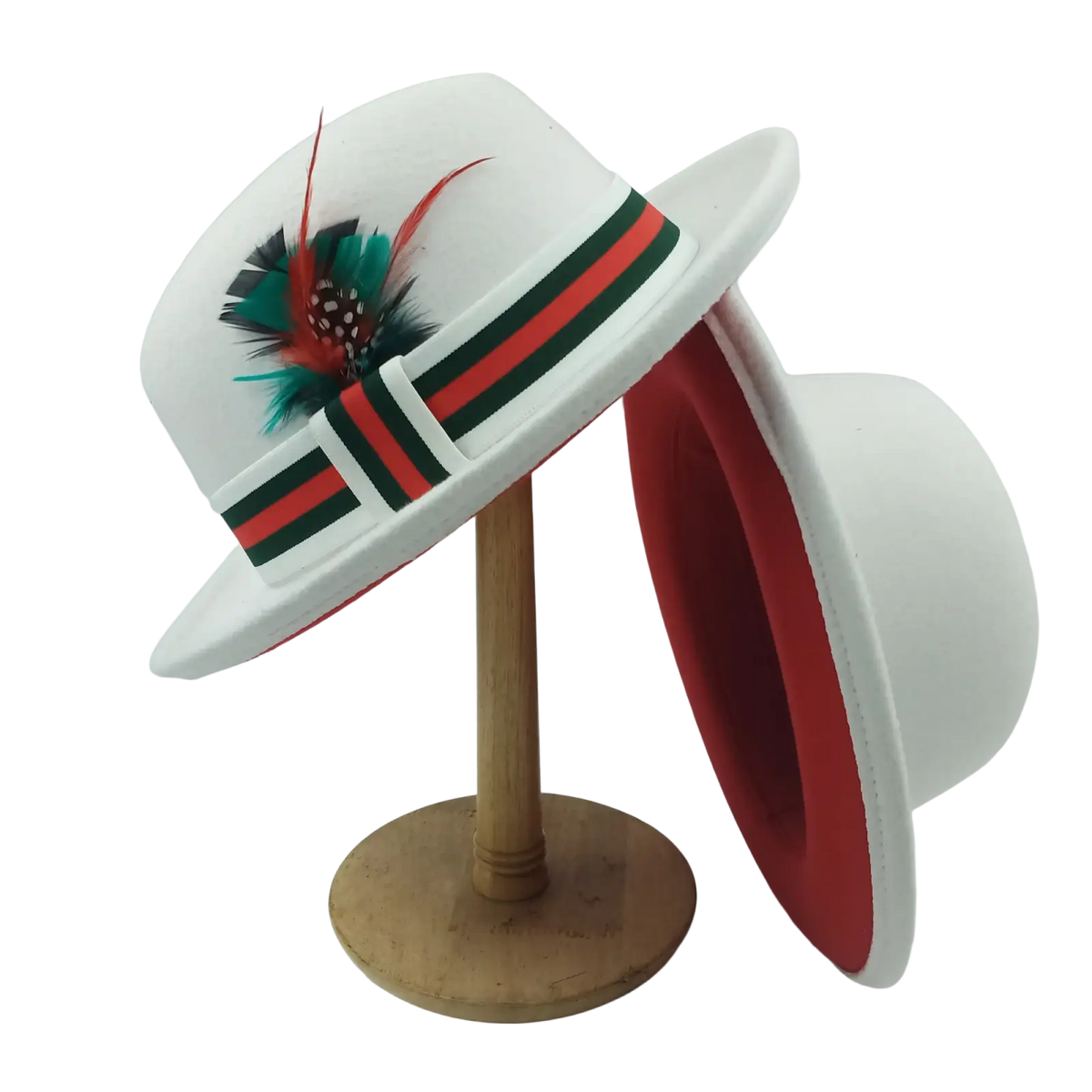 Unisex white woolen felt fedora hat with red and green striped band and colorful feather accent