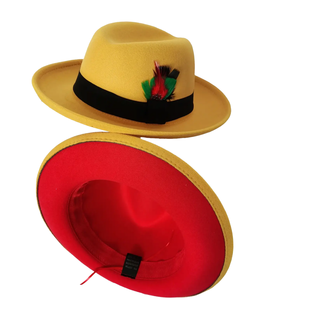 Unisex woolen felt fedora hat in yellow with black band colorful feather accent and vibrant red interior lining