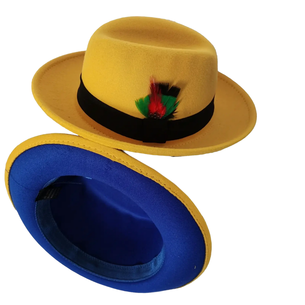 Unisex yellow woolen felt fedora hat with black band red-green feather accent and blue interior lining