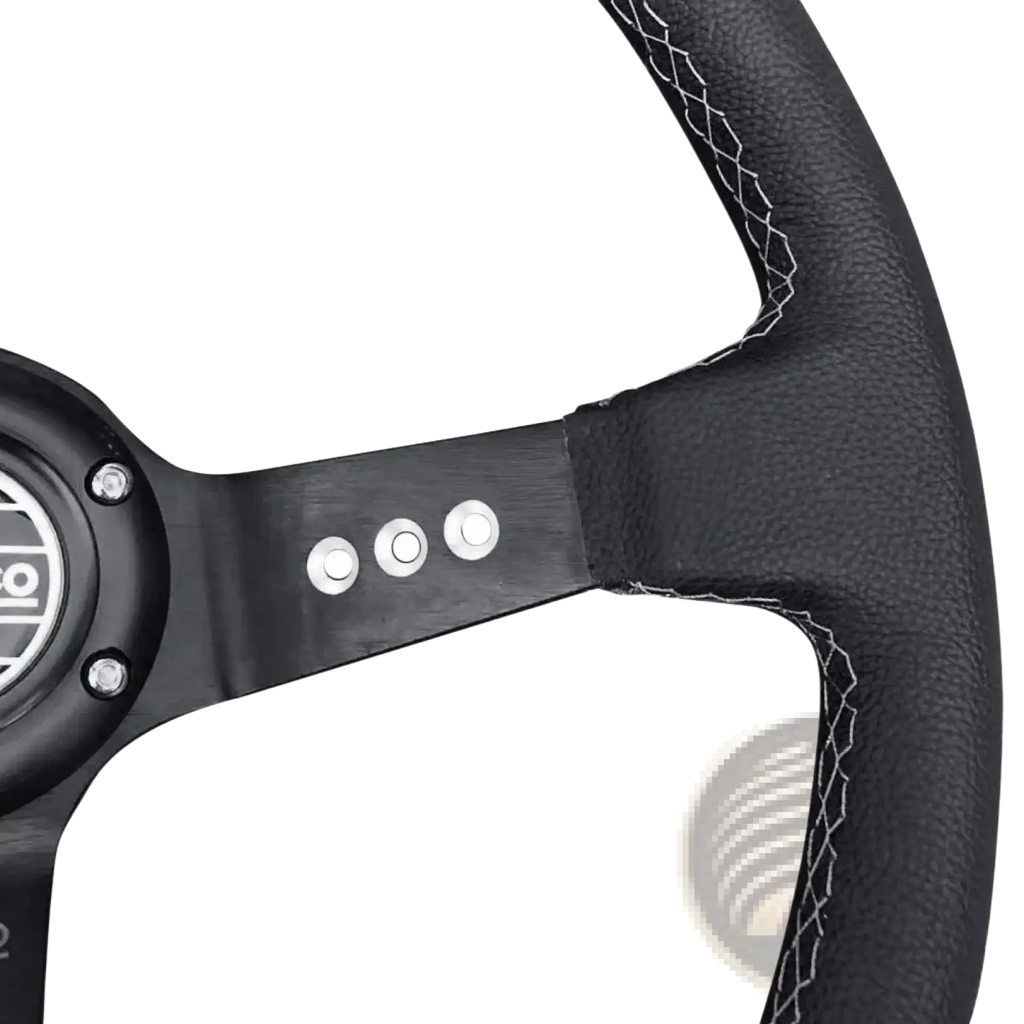 Universal 14 inch black PVC racing steering wheel with black leather wrap white stitching and matte black sparco hub