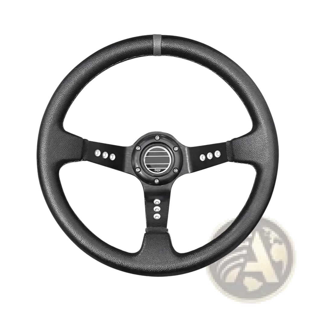 Universal 14 inch racing steering wheel in black PVC with leather wrap, silver accents, and central circular emblem