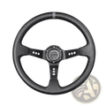 Universal 14 inch racing steering wheel in black PVC with leather wrap, silver accents, and central circular emblem