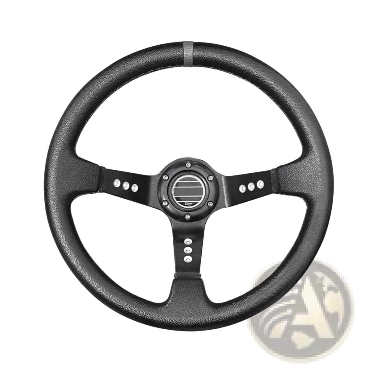 Universal 14 inch racing steering wheel in black PVC with leather wrap, silver accents, and central circular emblem