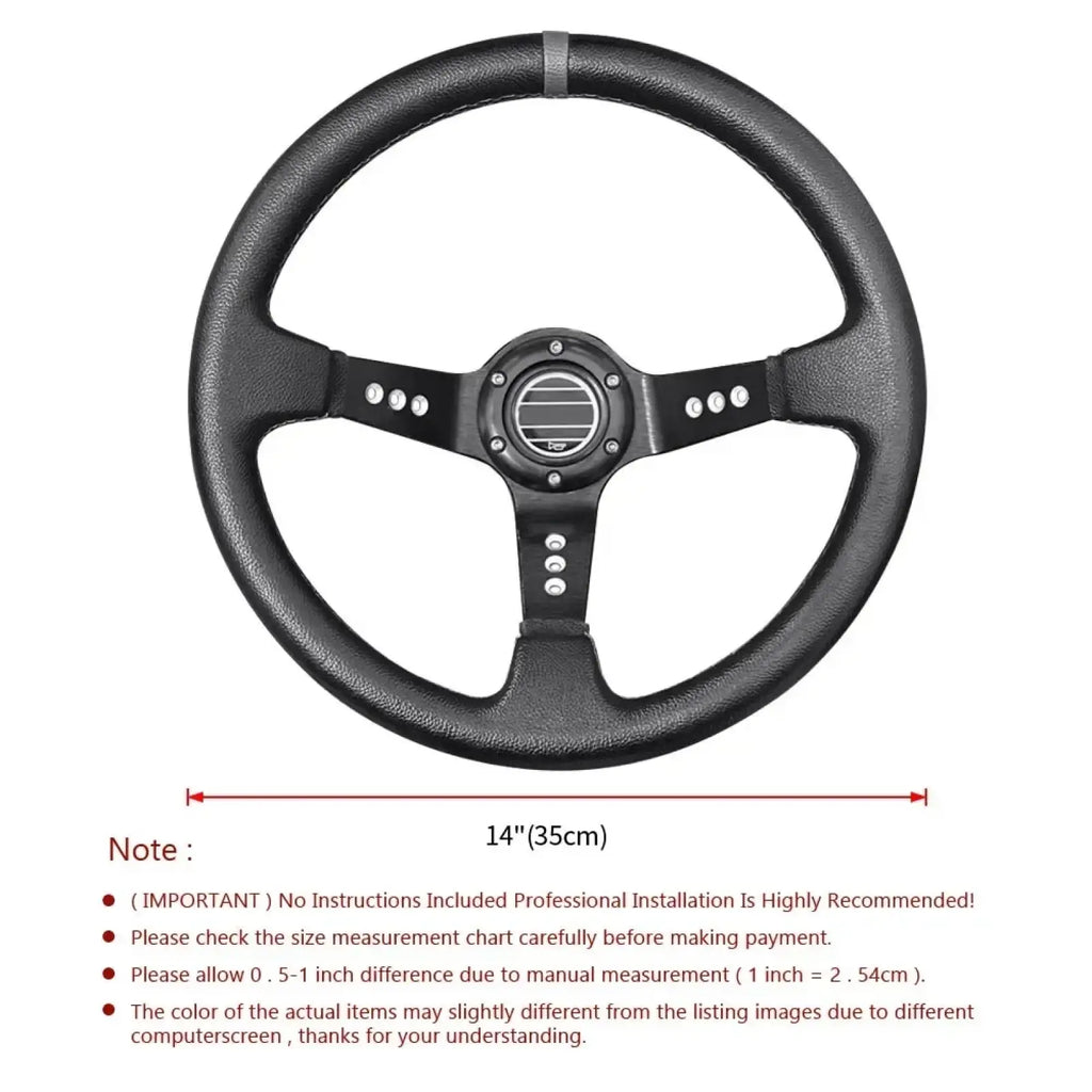 Universal 14 inch racing steering wheel black pvc with textured leather grip and silver accented central hub