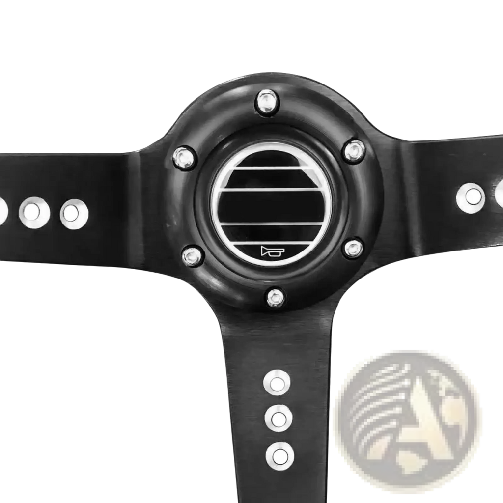 Universal 14 inch racing steering wheel black PVC with three spokes silver bolts and central circular air vent
