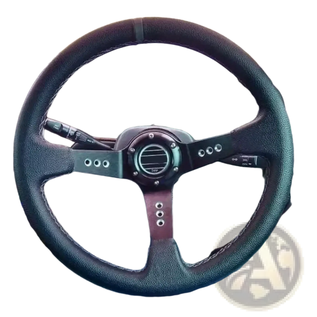 Universal 14 inch racing steering wheel in black PVC leather wrap with central air intake and silver accents