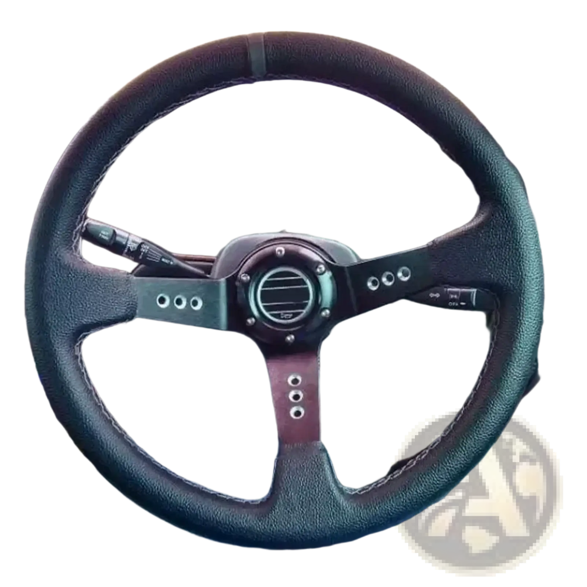 Universal 14 inch racing steering wheel in black PVC leather wrap with central air intake and silver accents
