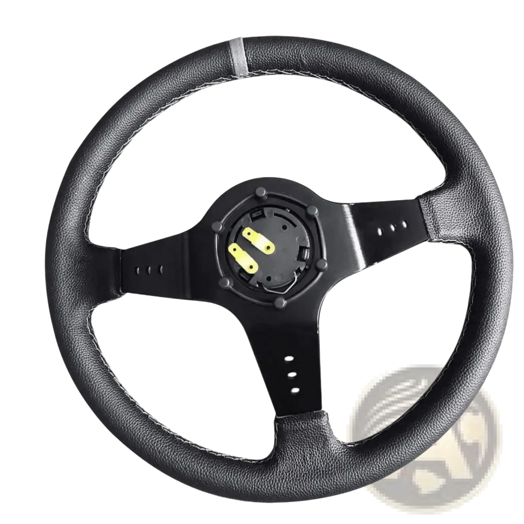 Universal 14 inch racing steering wheel in black PVC with a black leather wrap, three-spoke design, and silver stitching