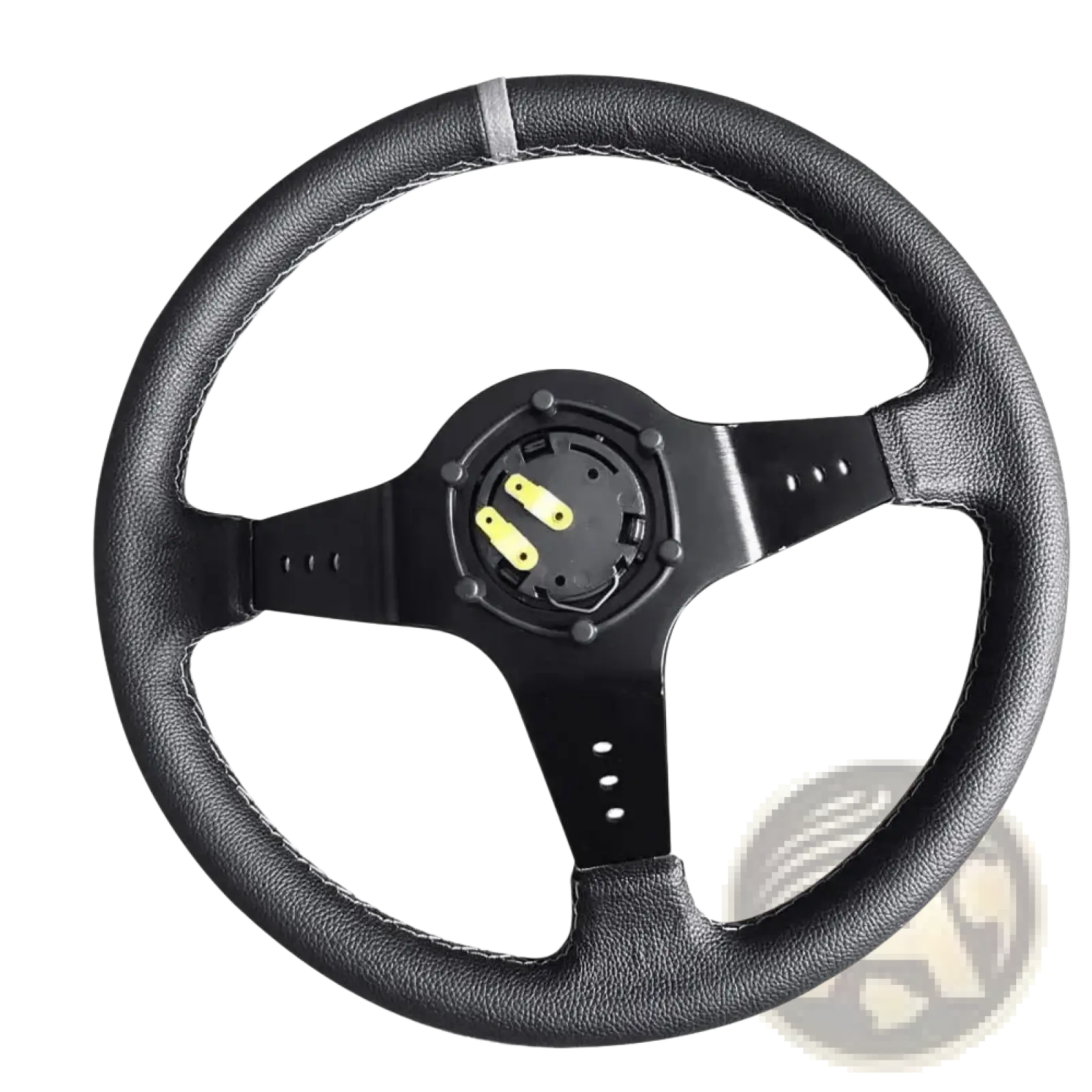 Universal 14 inch racing steering wheel in black PVC with a black leather wrap, three-spoke design, and silver stitching