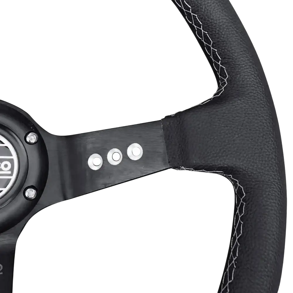 Universal 14 inch black PVC racing steering wheel with black leather wrap white stitching and matte black sparco hub