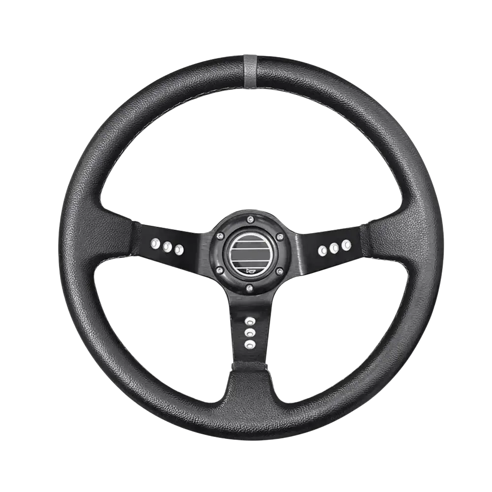 Universal 14 inch racing steering wheel in black PVC with leather wrap, silver accents, and central circular emblem