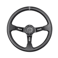 Universal 14 inch racing steering wheel in black PVC with leather wrap, silver accents, and central circular emblem