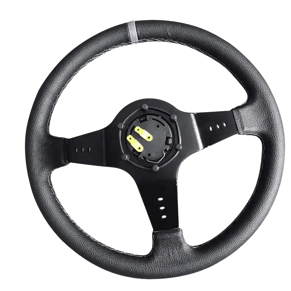 Universal 14 inch racing steering wheel in black PVC with a black leather wrap, three-spoke design, and silver stitching