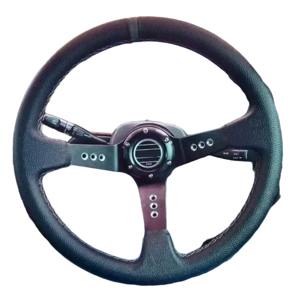 Universal 14 inch racing steering wheel in black PVC leather wrap with central air intake and silver accents