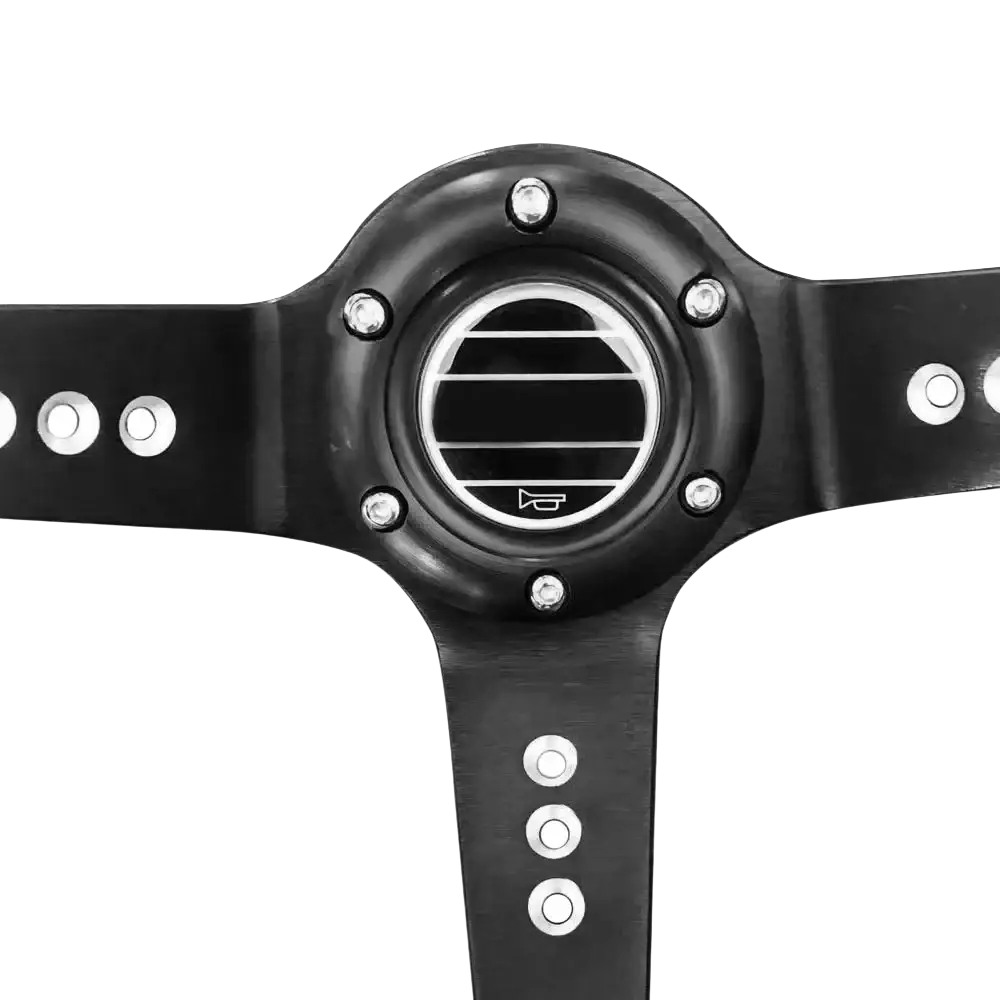 Universal 14 inch racing steering wheel black PVC with three spokes silver bolts and central circular air vent
