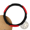 Universal 38cm steering wheel cover in black and red with textured grip sections for enhanced driving comfort