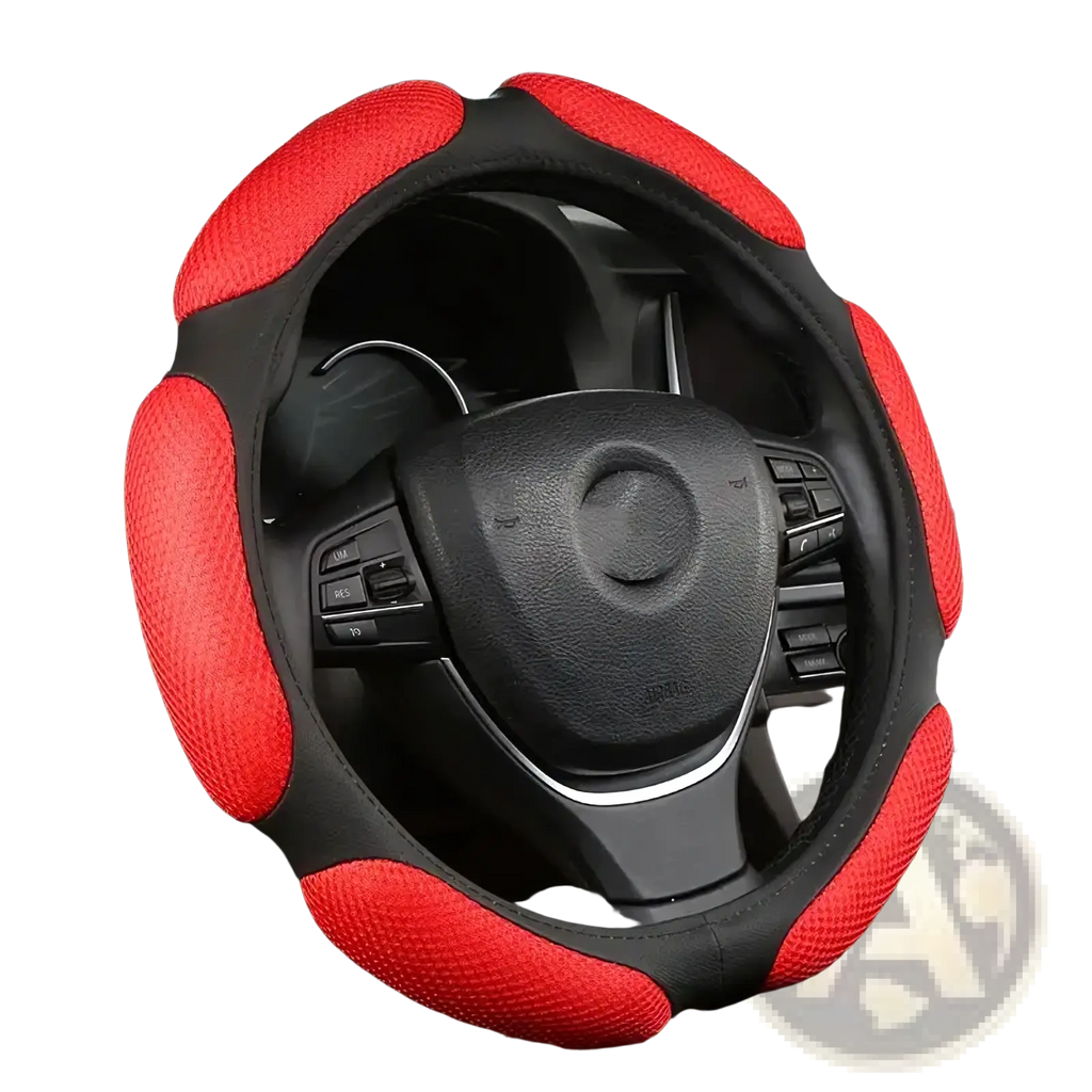 Universal 38cm steering wheel cover in red and black mesh with textured breathable design for comfortable grip