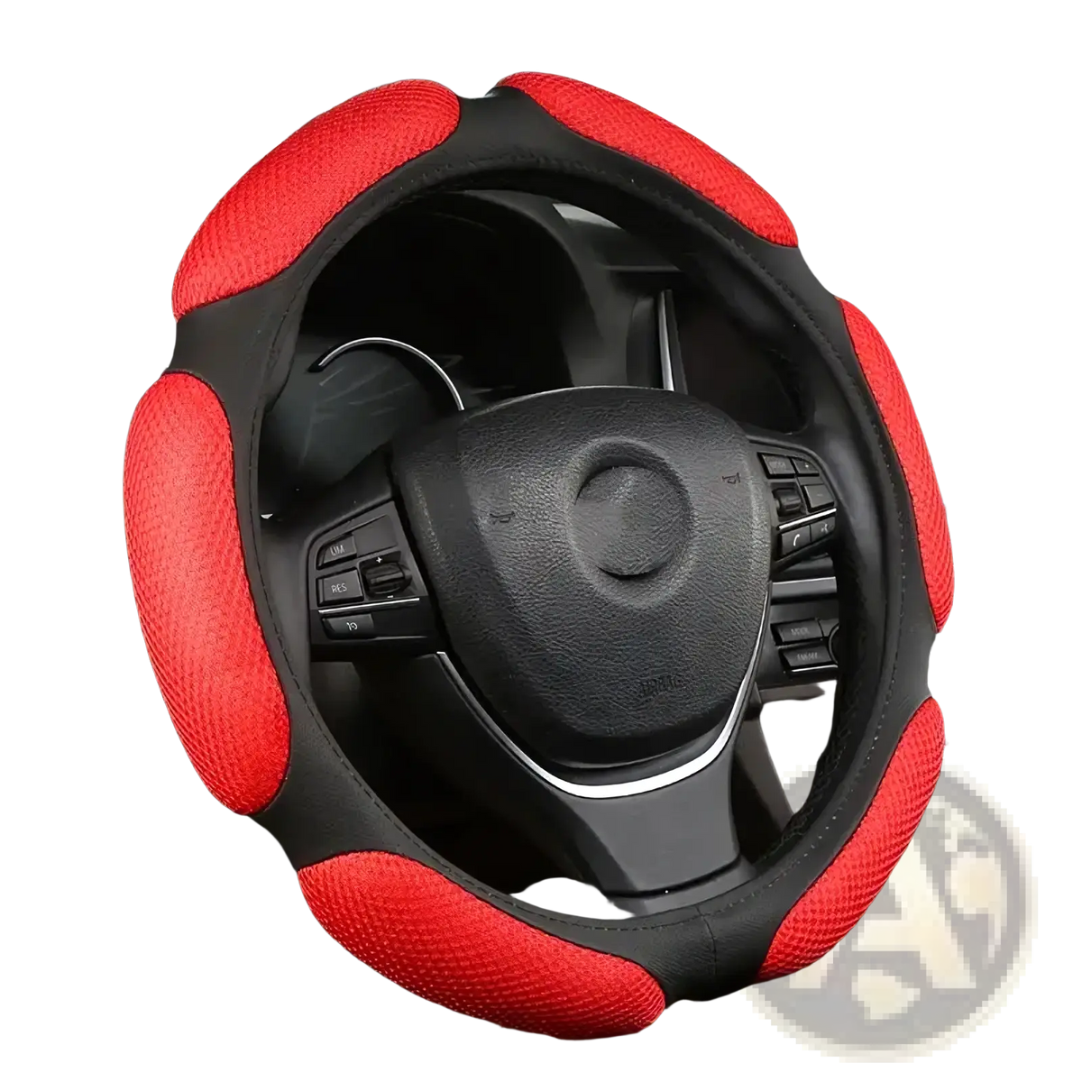 Universal 38cm steering wheel cover in red and black mesh with textured breathable design for comfortable grip