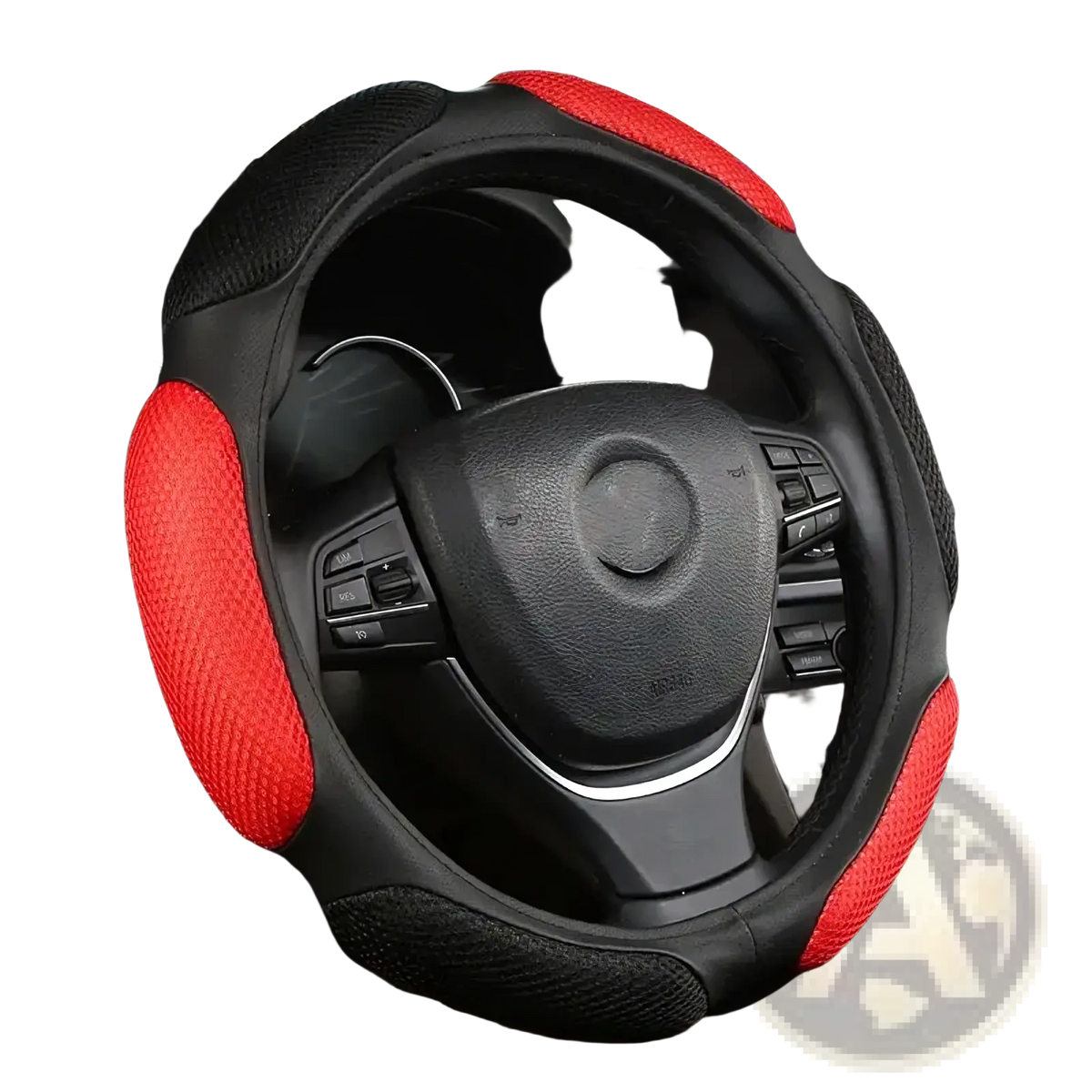 Universal 38cm steering wheel cover in red and black mesh with textured grip areas for enhanced driving control