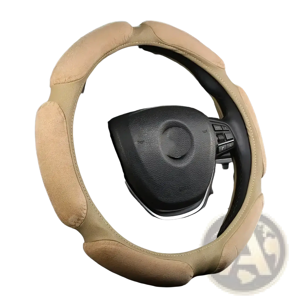 Beige suede and mesh universal 38cm steering wheel cover with stitched detailing for vehicle use