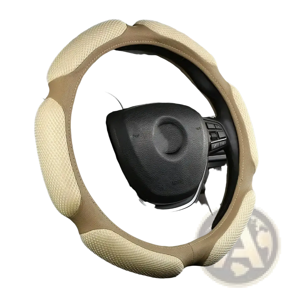 Beige universal 38cm steering wheel cover with textured breathable mesh and suede design for enhanced grip and comfort