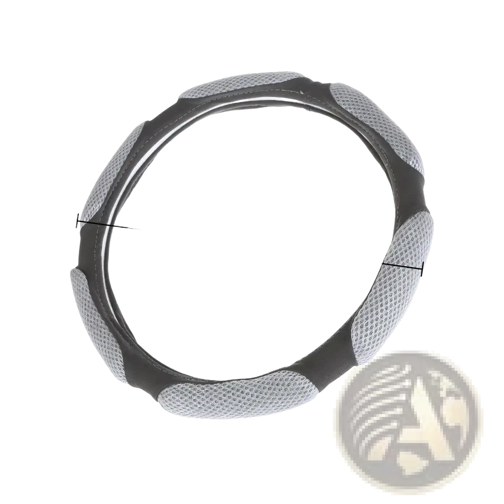 Universal 38cm suede and mesh steering wheel cover in black and gray with a textured segmented design