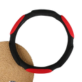 Universal 38cm suede and mesh steering wheel cover in black and red with textured grip sections